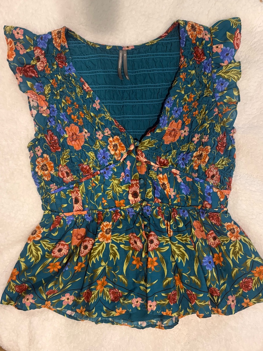 Anthropologie Teal Floral Smocked Tie Front Peplum Blouse M